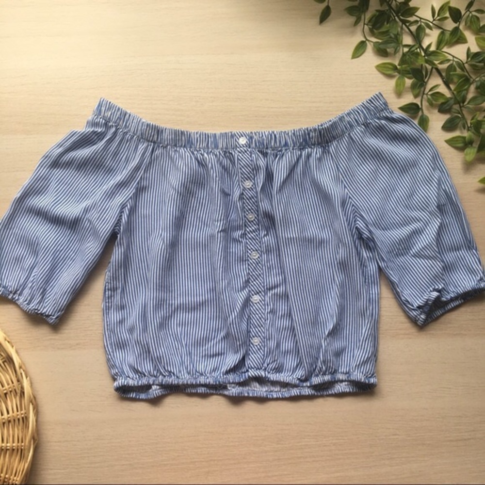 Ambiance Blue Striped Off The Shoulder Crop Top